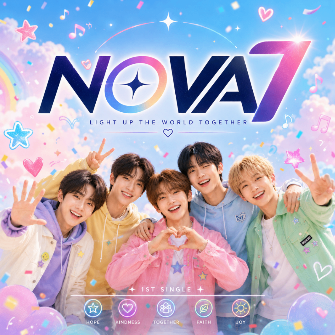 NOVA7 first single cover art featuring five performers in colorful outfits